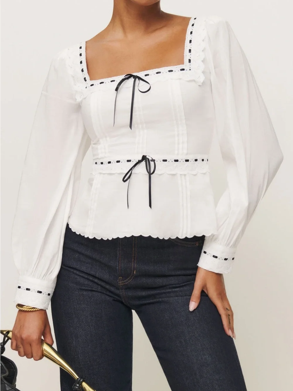 Reformation Haisley Ribbon Accent Organic Cotton Peplum Top